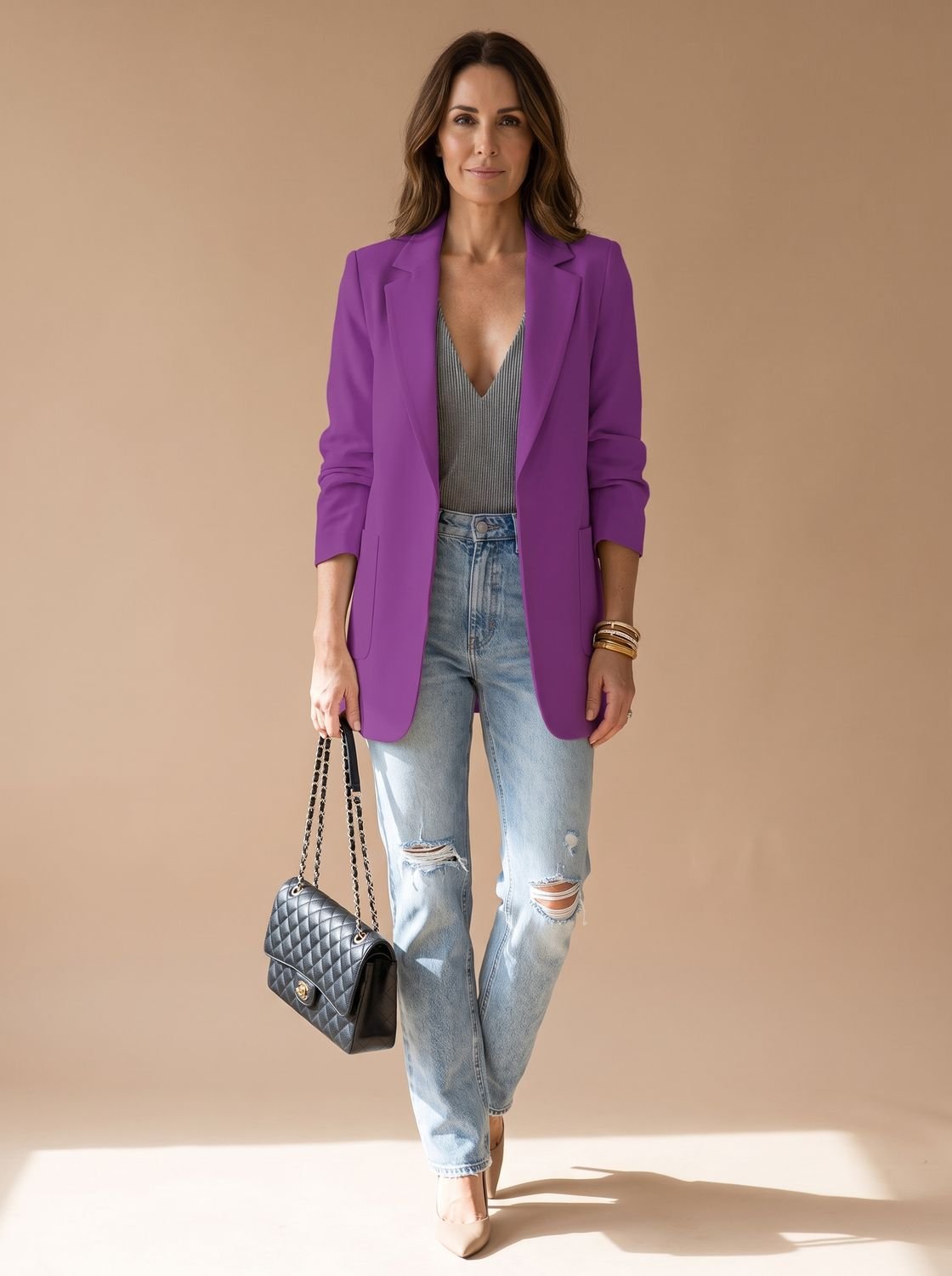 Women's Open-Front Lapel Mid-Length Casual Smart Blazer