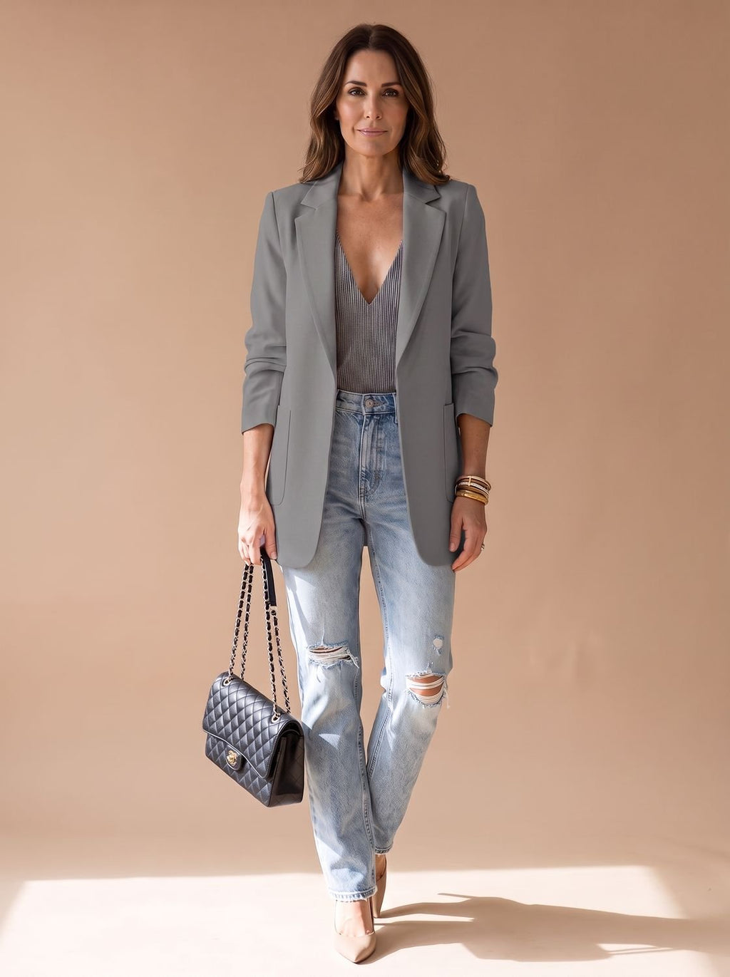 Women's Open-Front Lapel Mid-Length Casual Smart Blazer