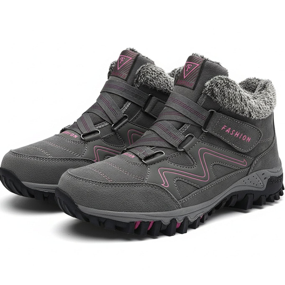 Women's Lug-Sole Cushioned Orthopedic Winter Booties - Gray Pink