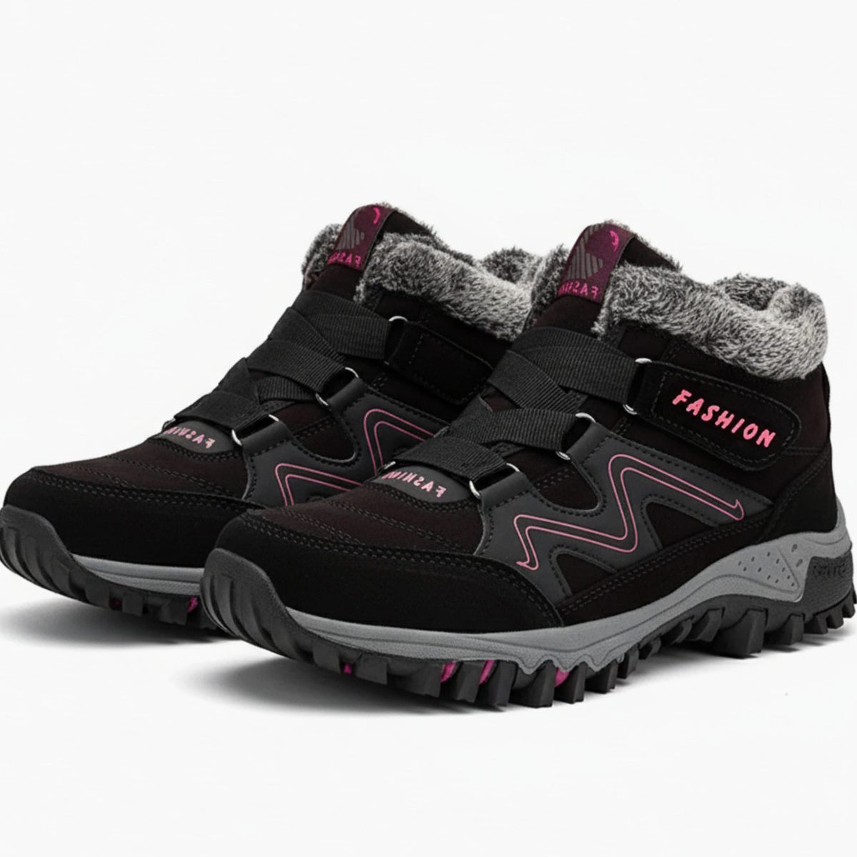 Women's Lug-Sole Cushioned Orthopedic Winter Booties - Black Pink