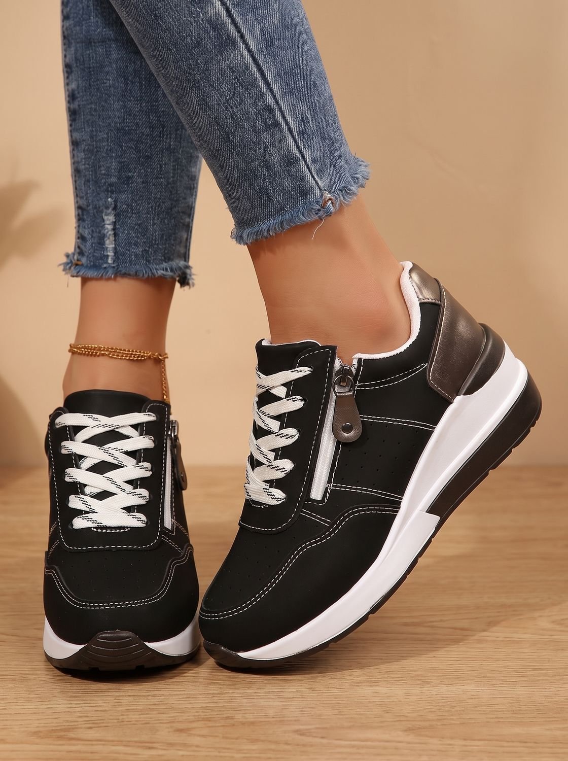 Women's Cushioned Wedge Walking Sneakers with Arch Support - Black