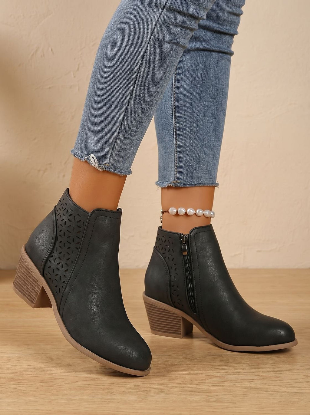 Women's Floral Cutout Orthopedic Booties with Stacked Heel