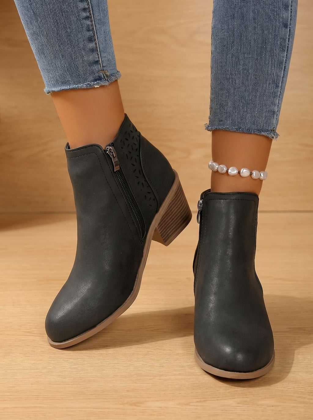 Women's Floral Cutout Orthopedic Booties with Stacked Heel