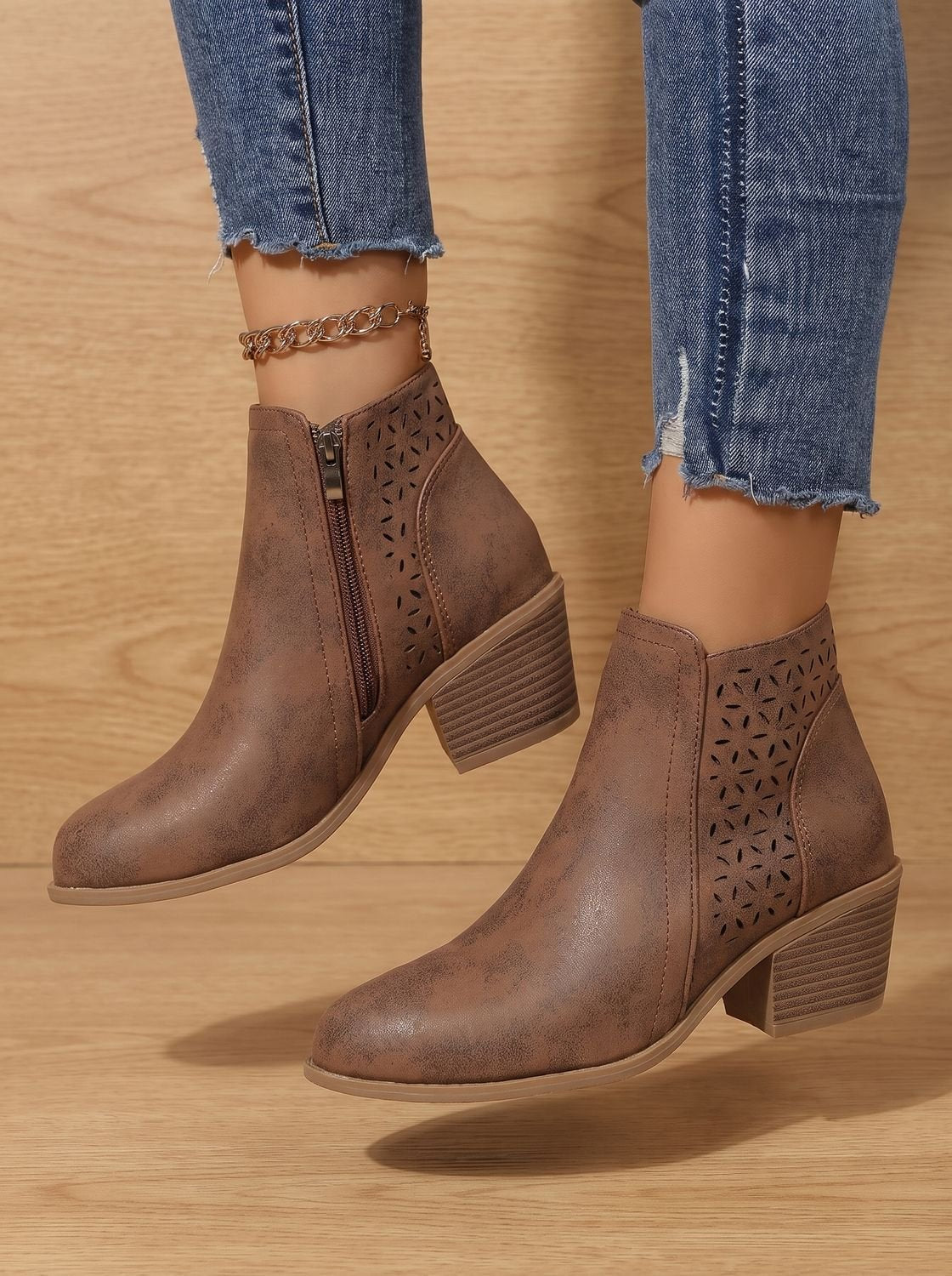 Women's Floral Cutout Orthopedic Booties with Stacked Heel - Brown
