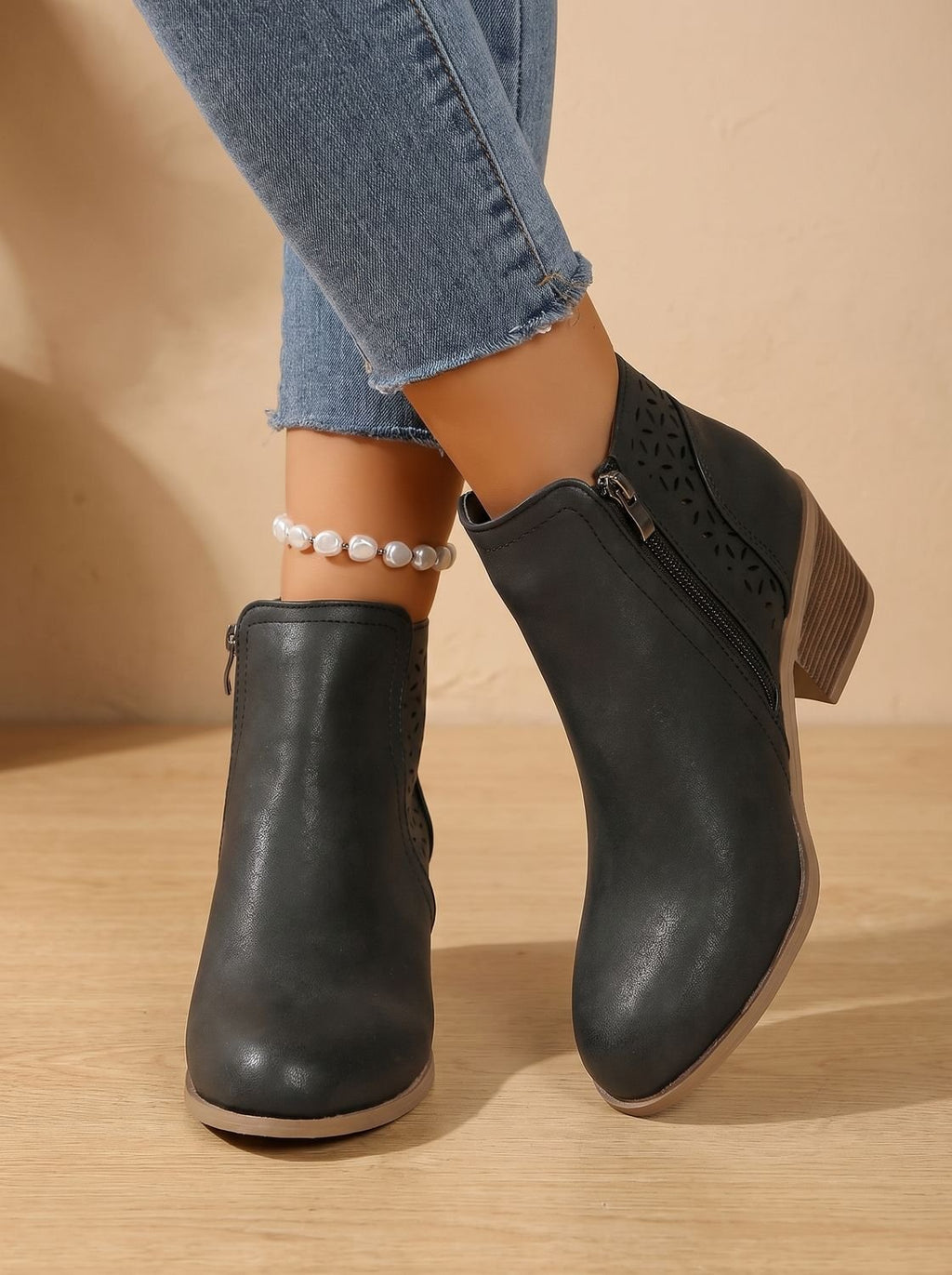 Women's Floral Cutout Orthopedic Booties with Stacked Heel