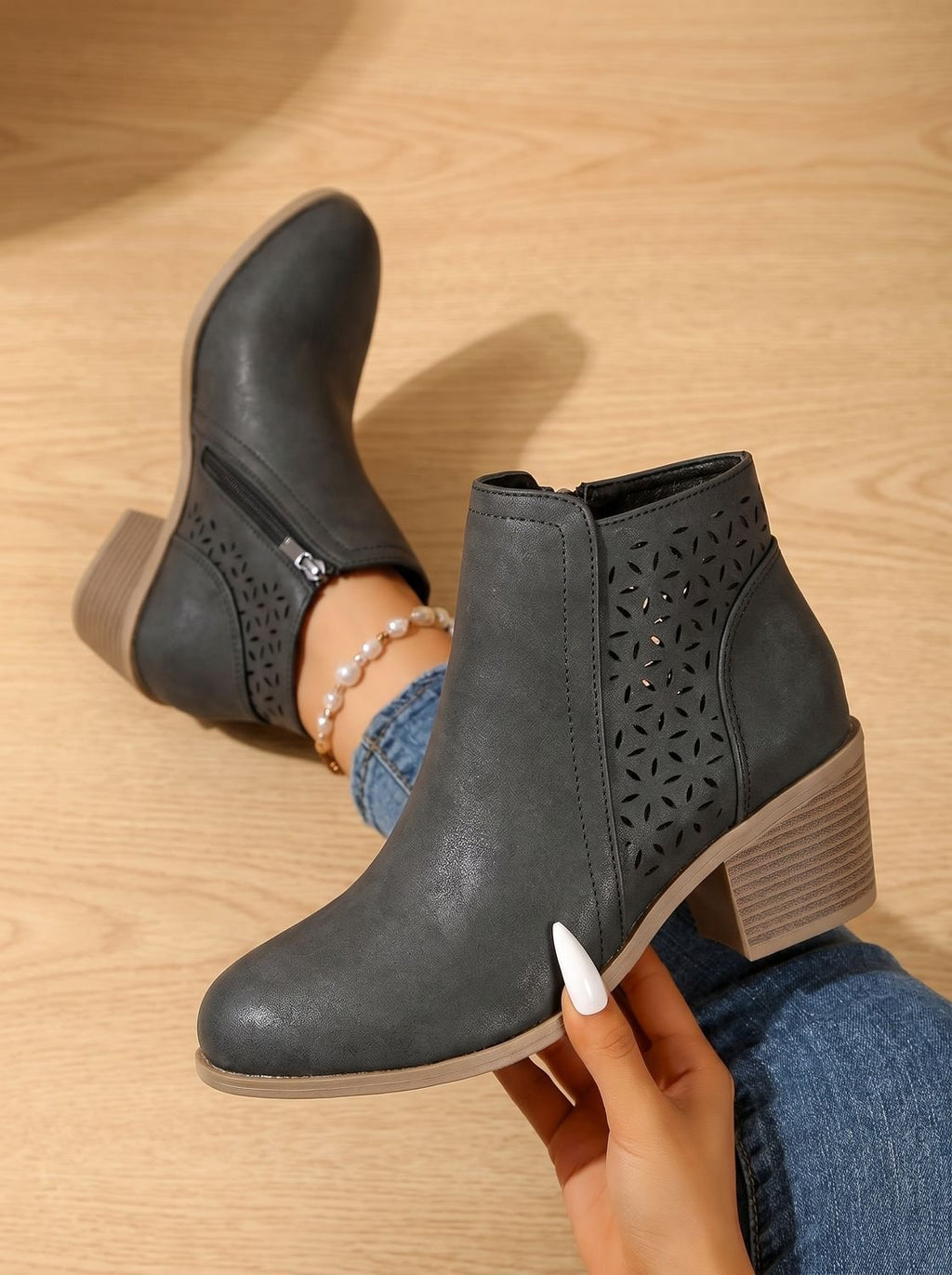 Women's Floral Cutout Orthopedic Booties with Stacked Heel