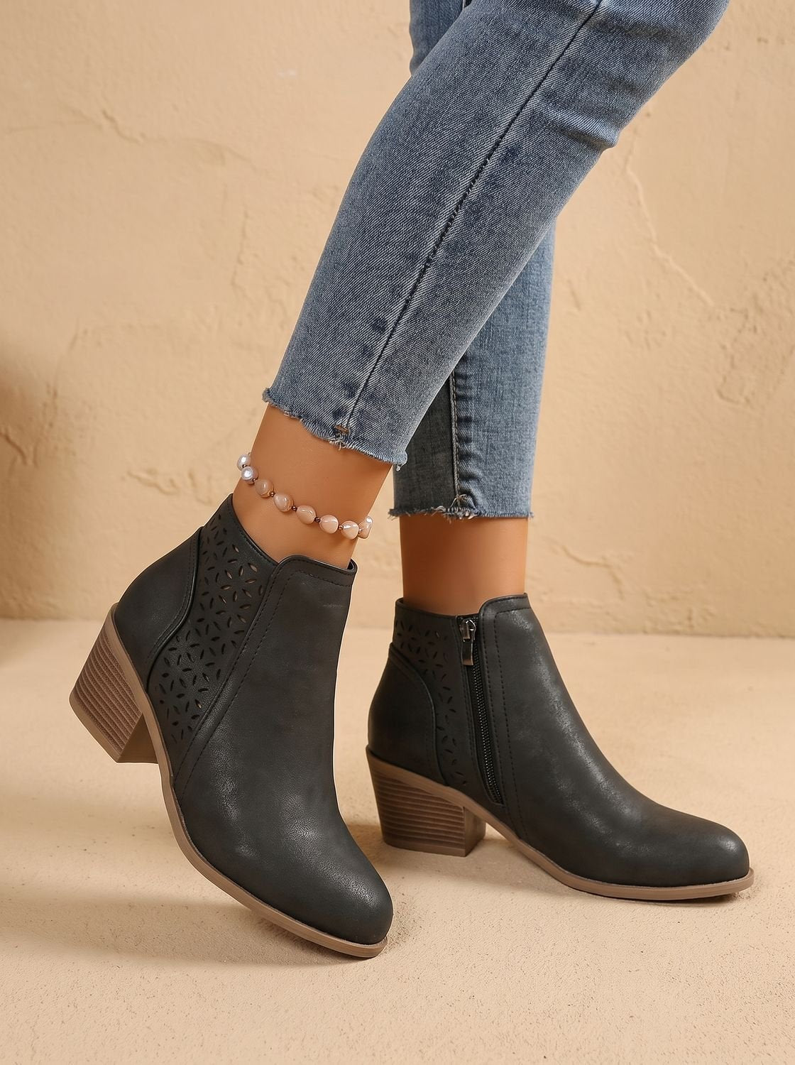 Women's Floral Cutout Orthopedic Booties with Stacked Heel