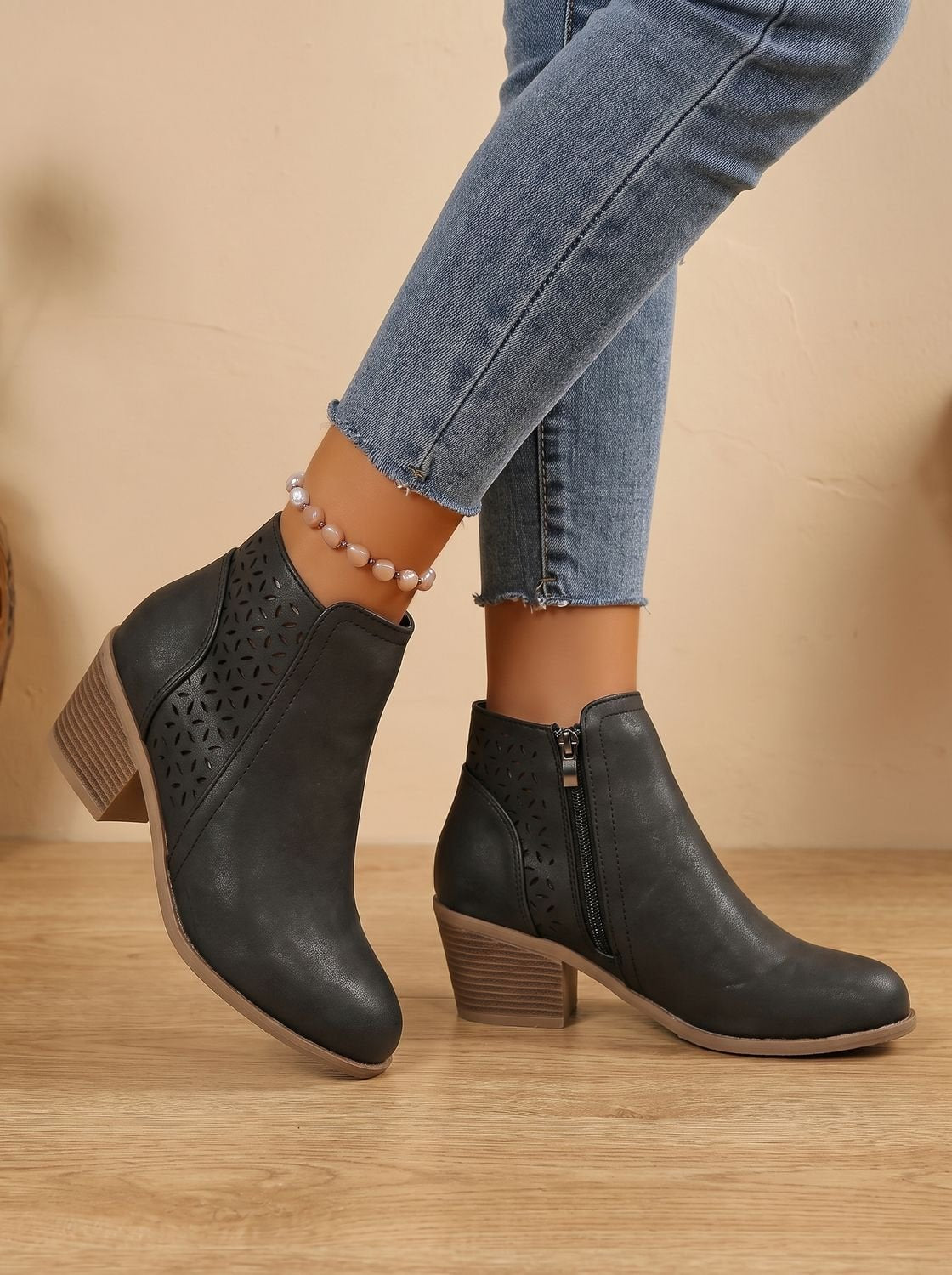 Women's Floral Cutout Orthopedic Booties with Stacked Heel