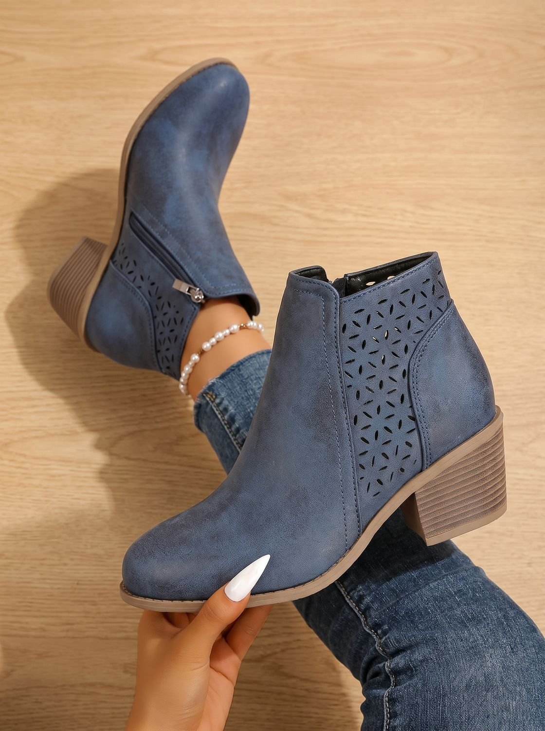 Women's Floral Cutout Orthopedic Booties with Stacked Heel - Blue