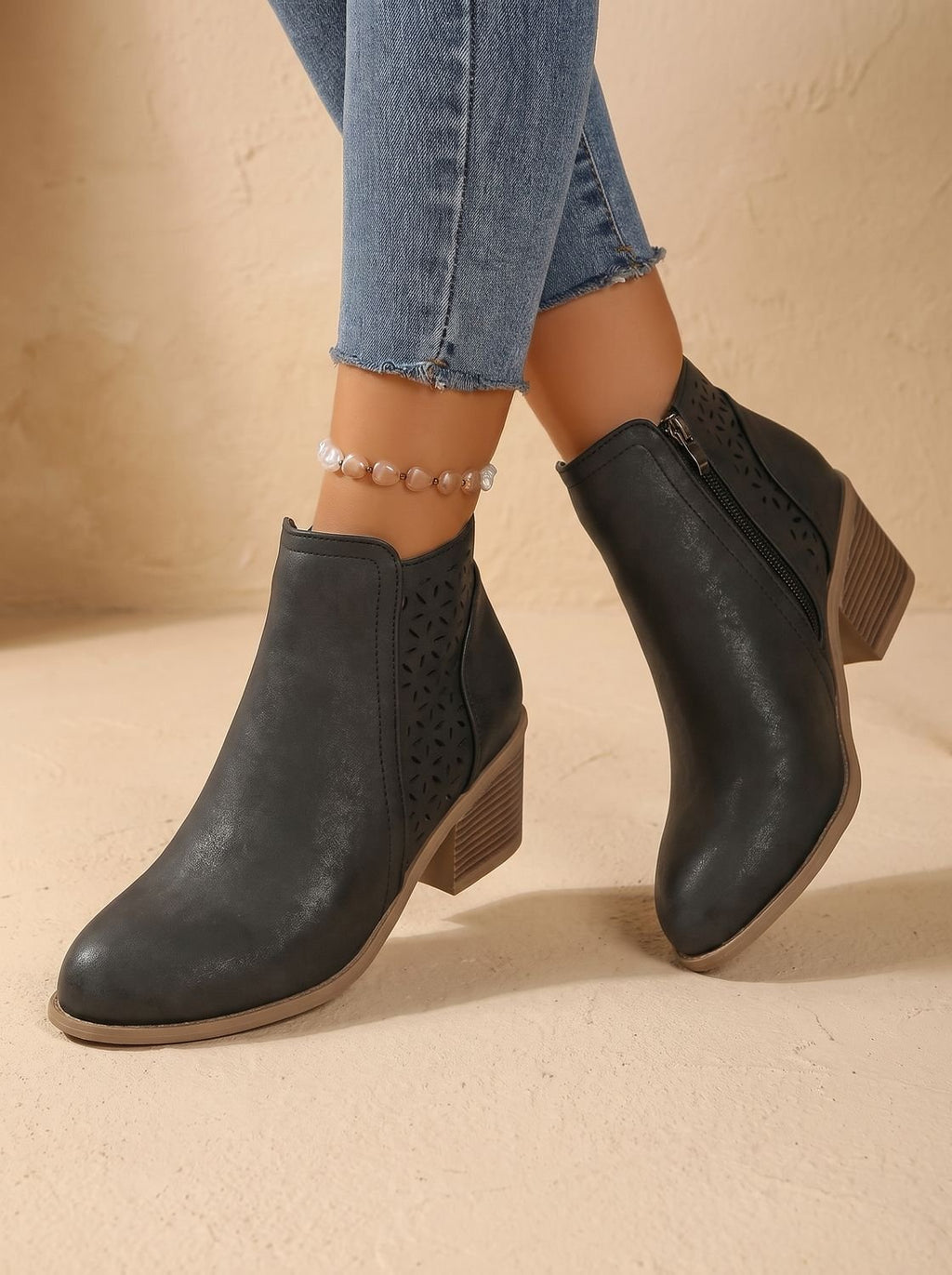 Women's Floral Cutout Orthopedic Booties with Stacked Heel