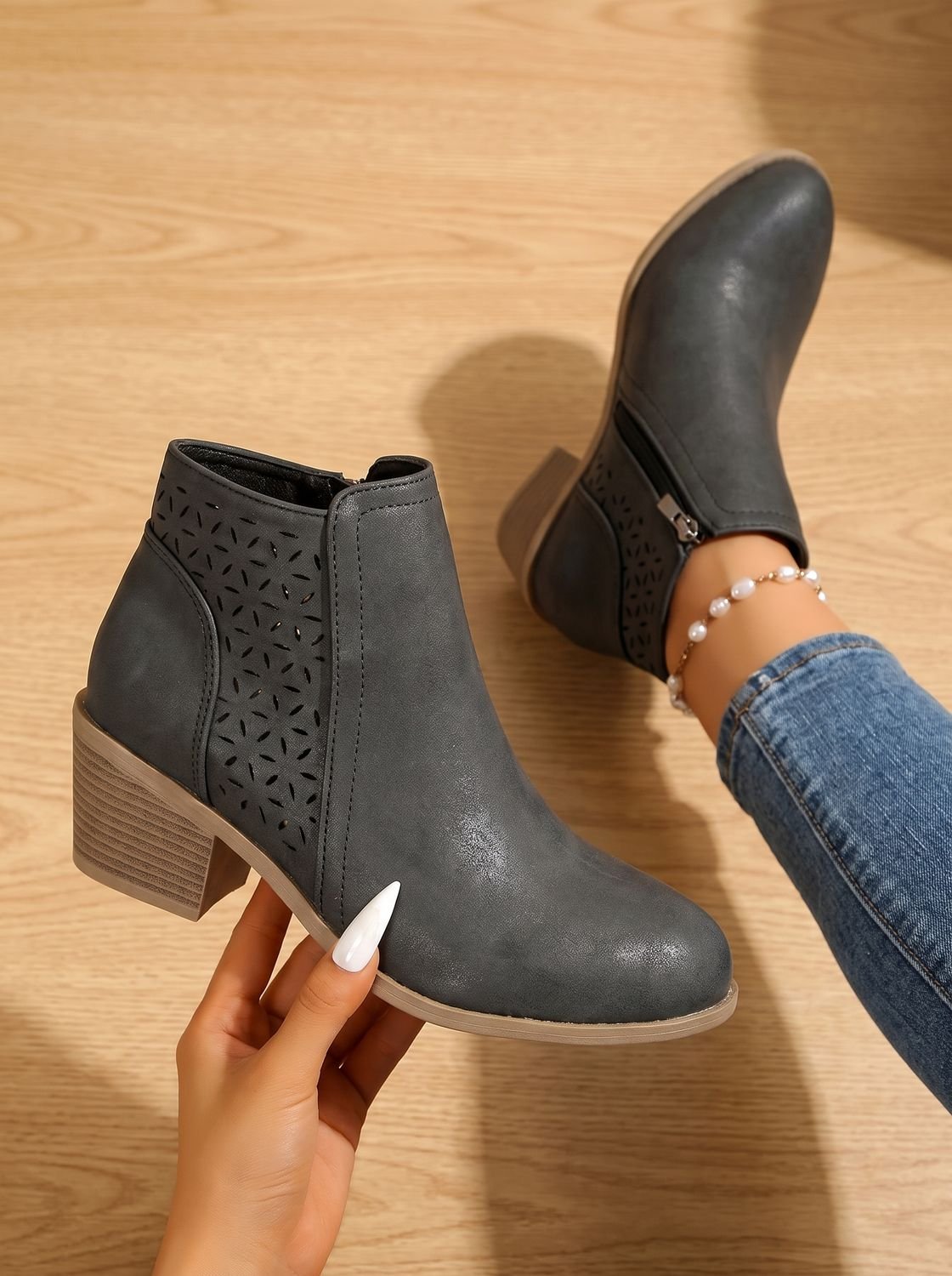 Women's Floral Cutout Orthopedic Booties with Stacked Heel - Black