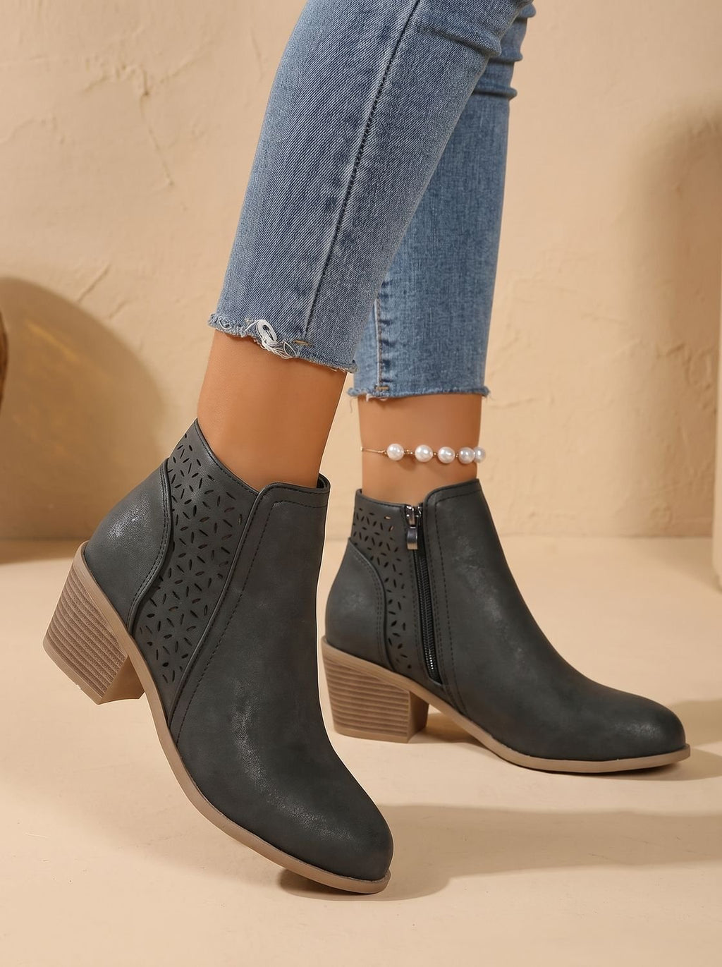 Women's Floral Cutout Orthopedic Booties with Stacked Heel