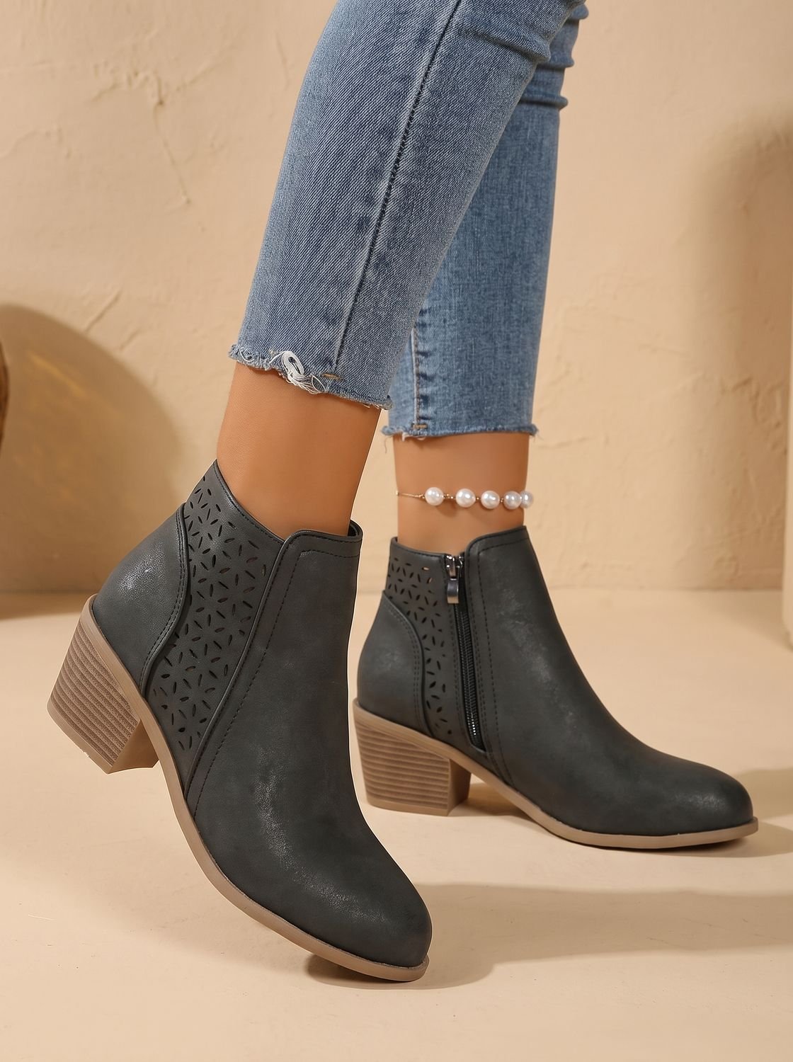 Women's Floral Cutout Orthopedic Booties with Stacked Heel