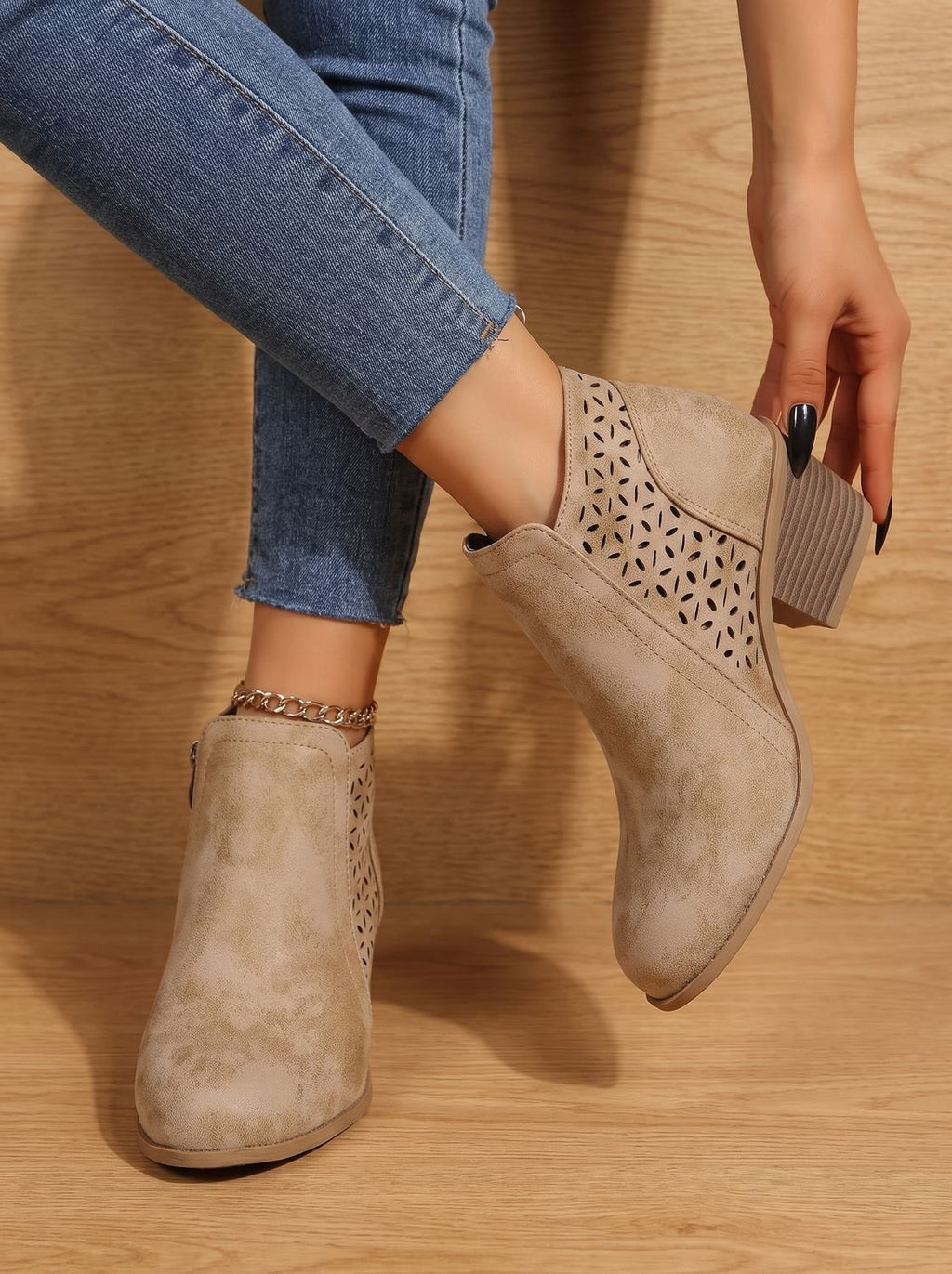 Women's Floral Cutout Orthopedic Booties with Stacked Heel - Beige
