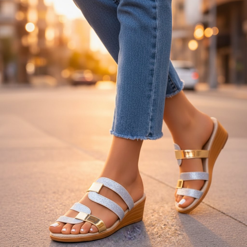 Women's Orthopedic Sandals Slip-On Gold Accent Glitter
