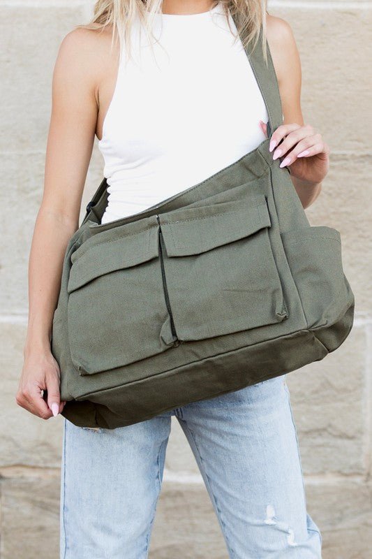 Women's Oversized Black Canvas Tote Bag Crossbody Messenger