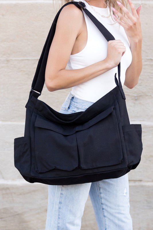 Women's Oversized Black Canvas Tote Bag Crossbody Messenger