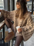 Women's Chunky Cable-Knit Roomy Crew Sweater - Khaki