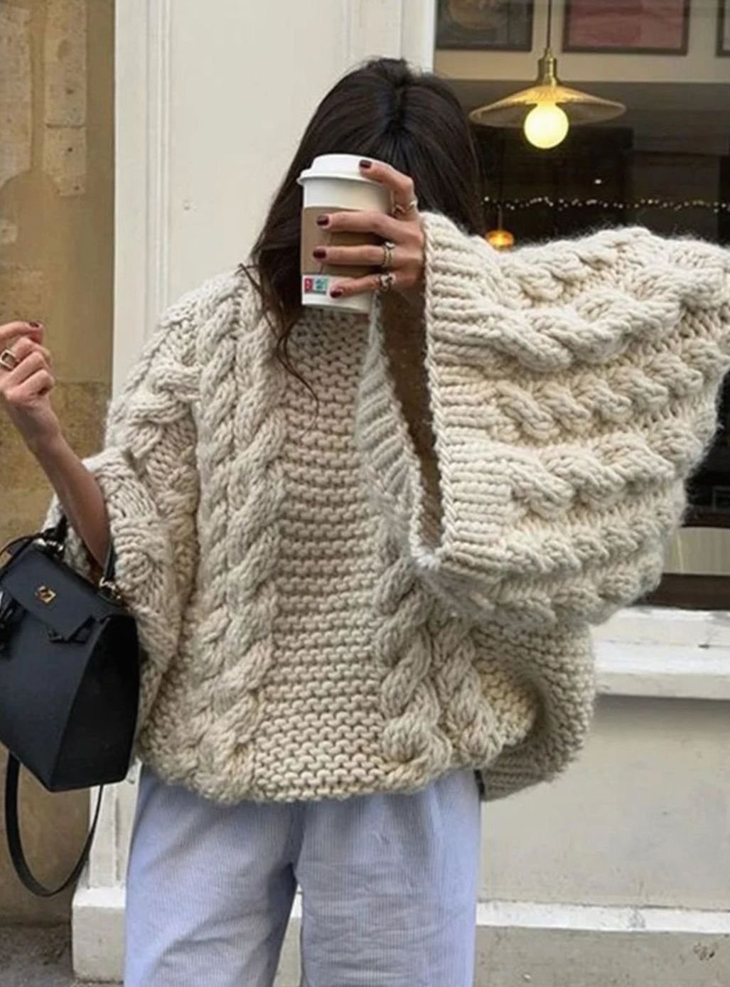 Women's Chunky Cable-Knit Roomy Crew Sweater - White