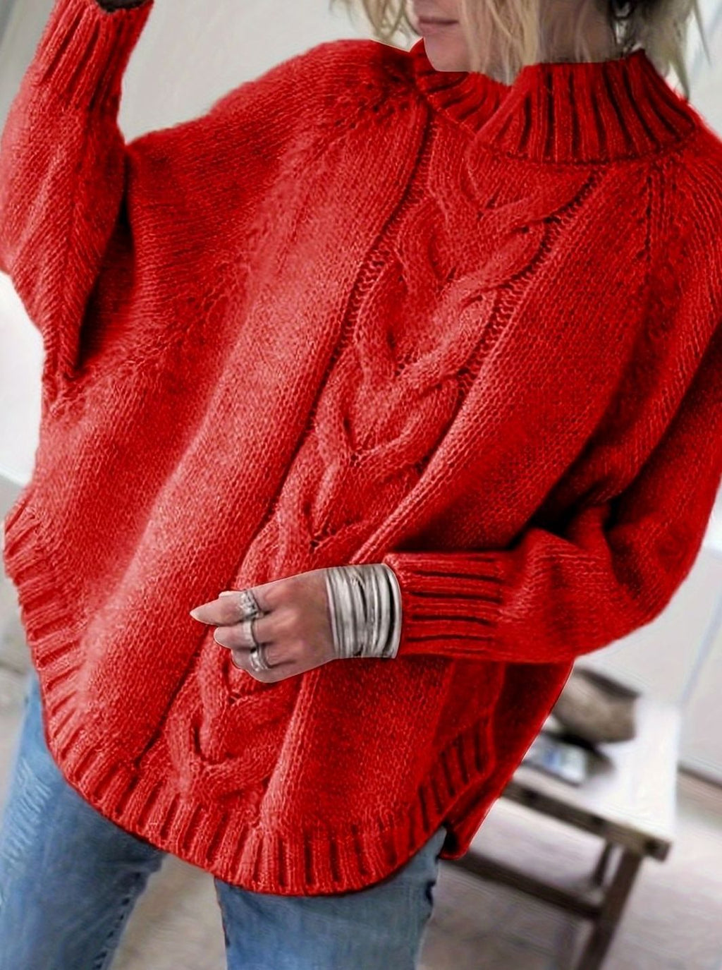 Women's Slouchy Mock-Neck Cable Sweater
