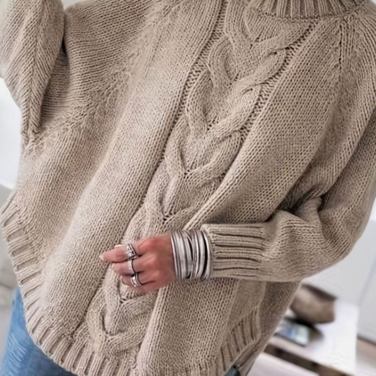 Women's Slouchy Mock-Neck Cable Sweater - Khaki