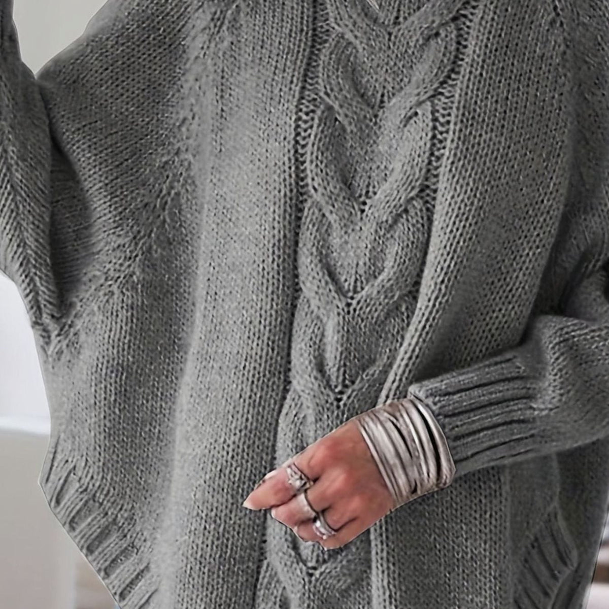 Women's Slouchy Mock-Neck Cable Sweater - Dark Gray