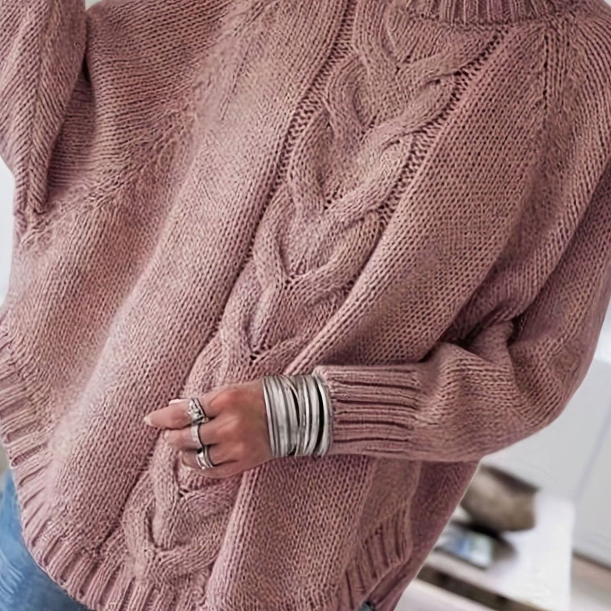 Women's Slouchy Mock-Neck Cable Sweater - Pale Pinkish Gray