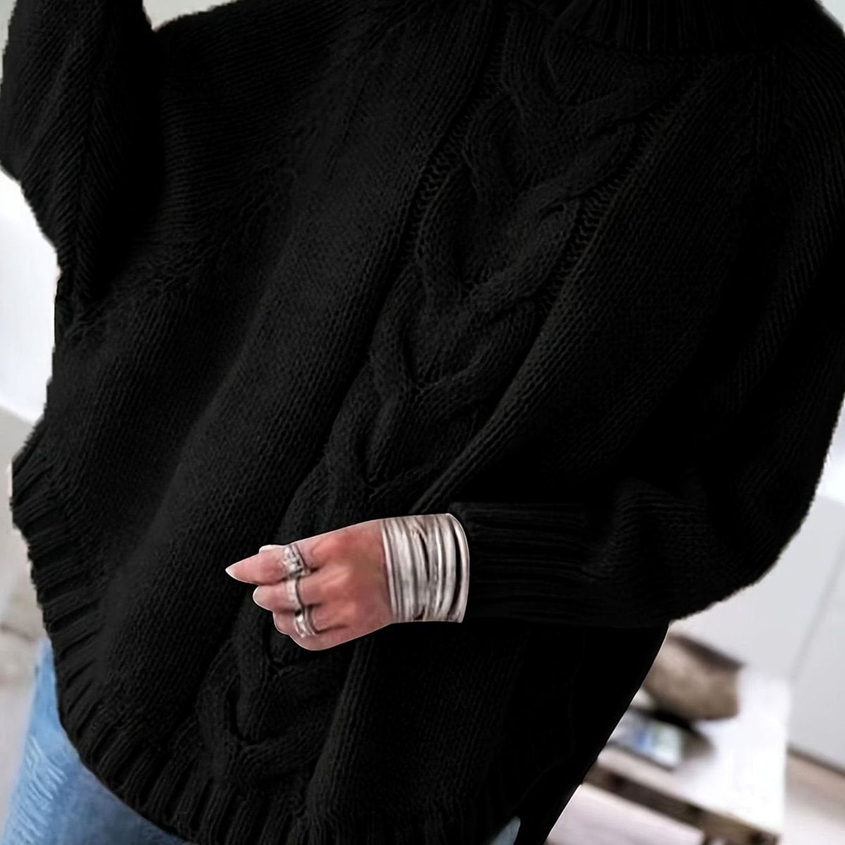 Women's Slouchy Mock-Neck Cable Sweater - Black