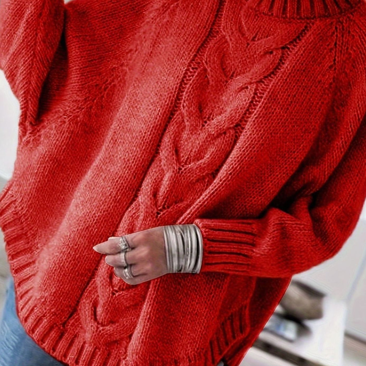 Women's Slouchy Mock-Neck Cable Sweater - Red