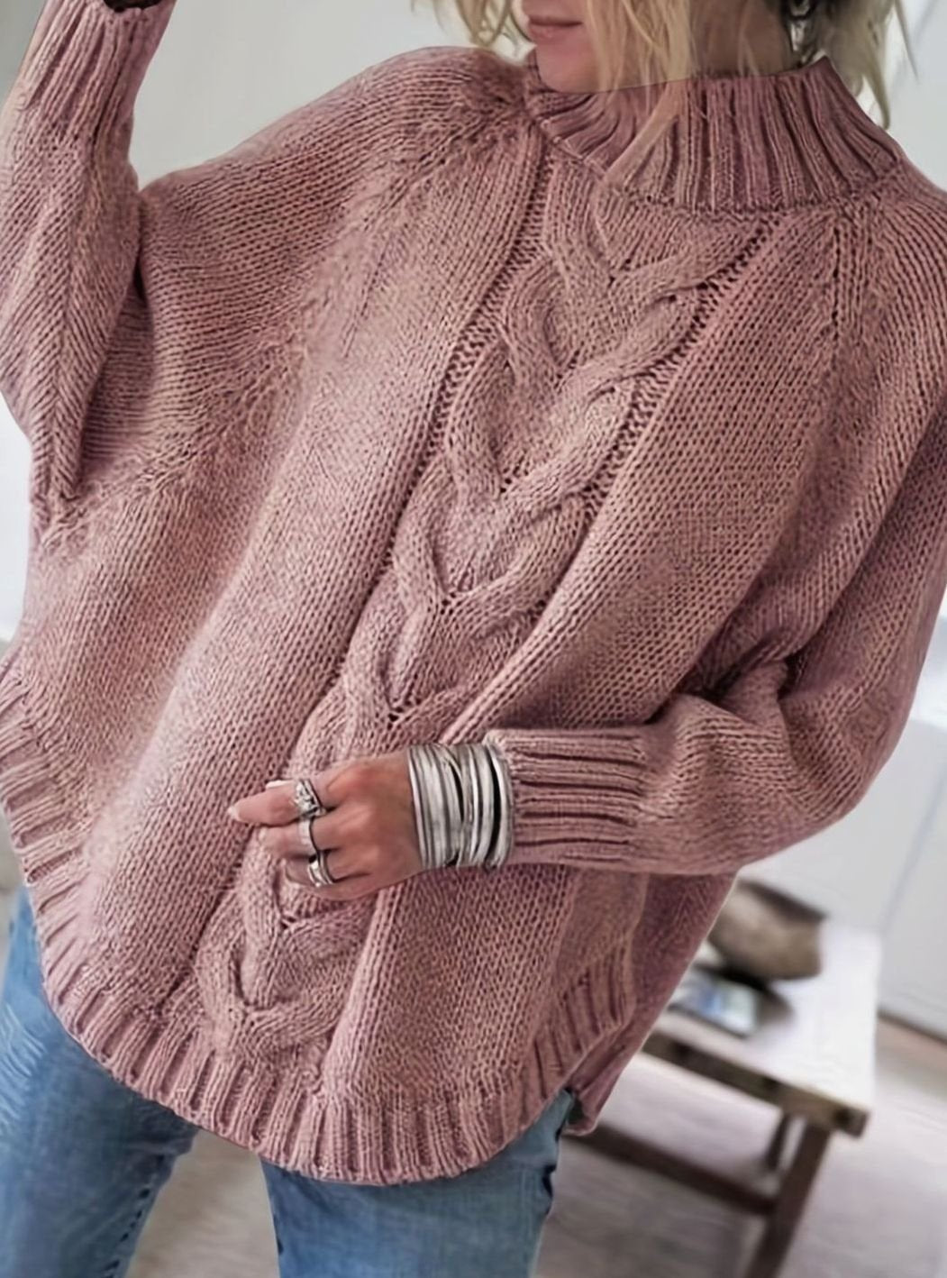 Women's Slouchy Mock-Neck Cable Sweater