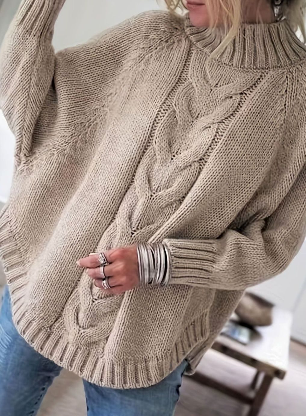 Women's Slouchy Mock-Neck Cable Sweater
