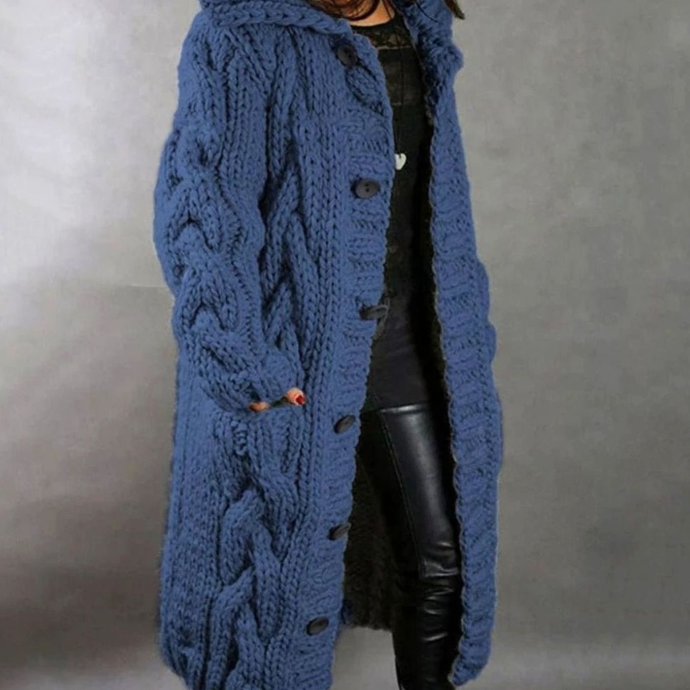 Women's Oversized Cable Knit Hooded Button Cardigan