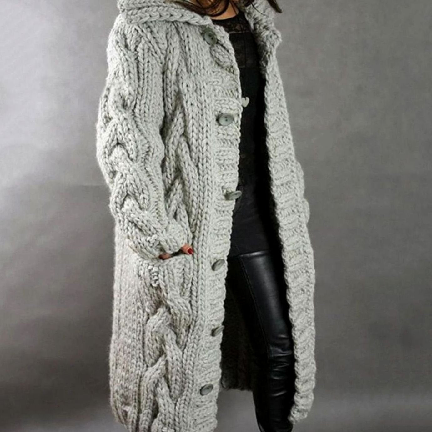 Women's Oversized Cable Knit Hooded Button Cardigan