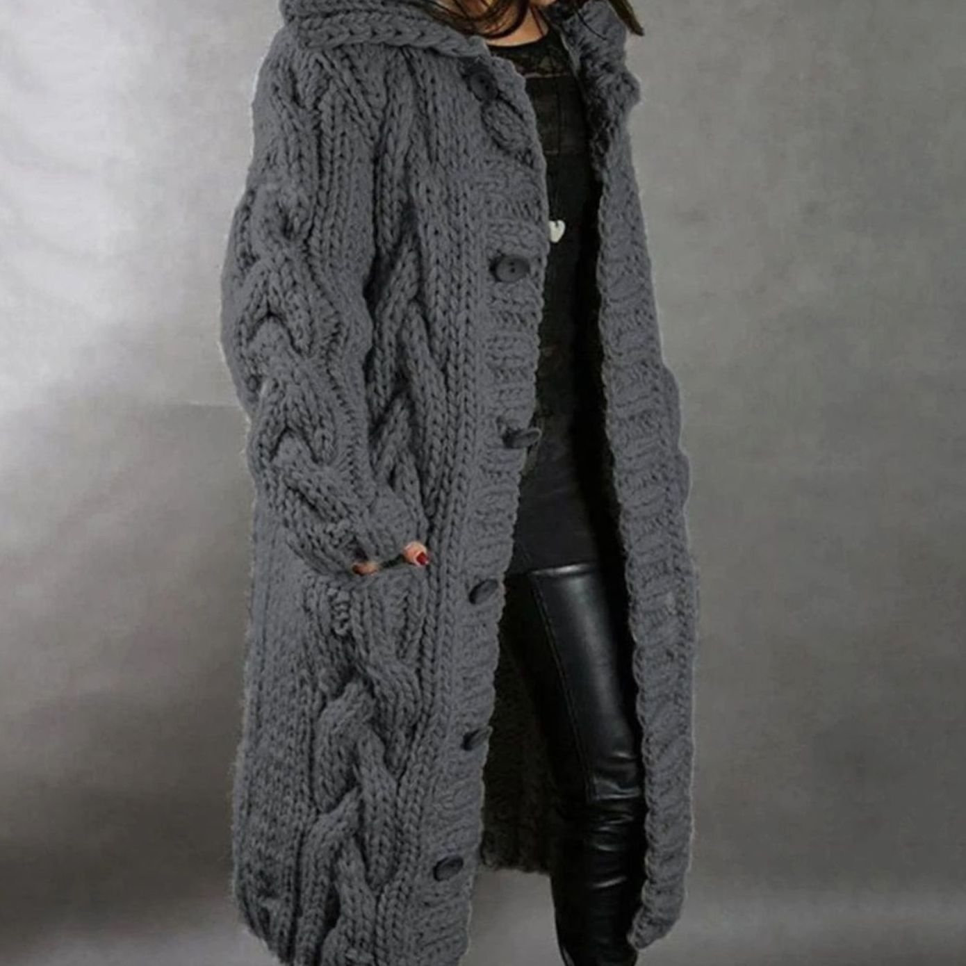 Women's Oversized Cable Knit Hooded Button Cardigan