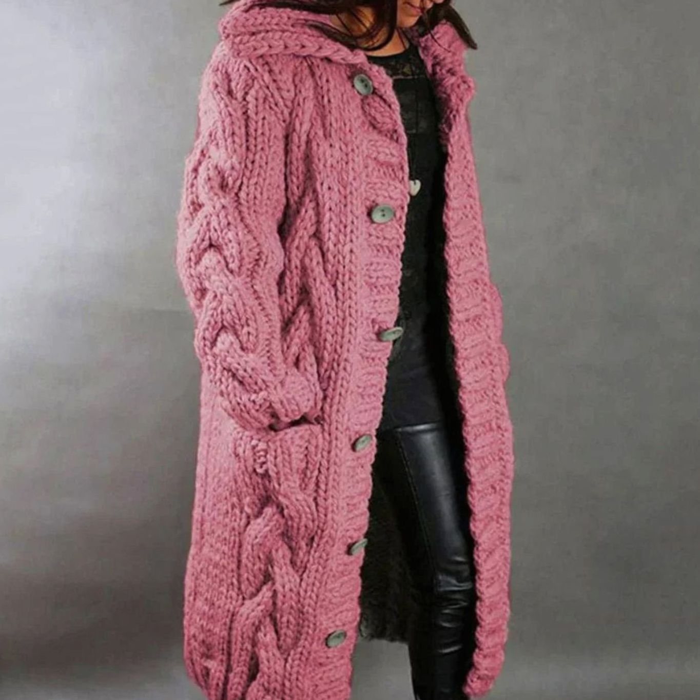 Women's Oversized Cable Knit Hooded Button Cardigan