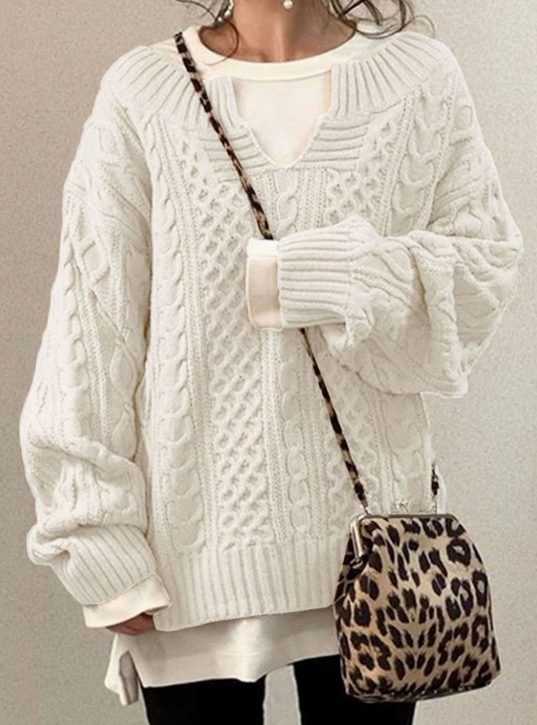 Women's Oversized Cable Knit V-Neck Sweater