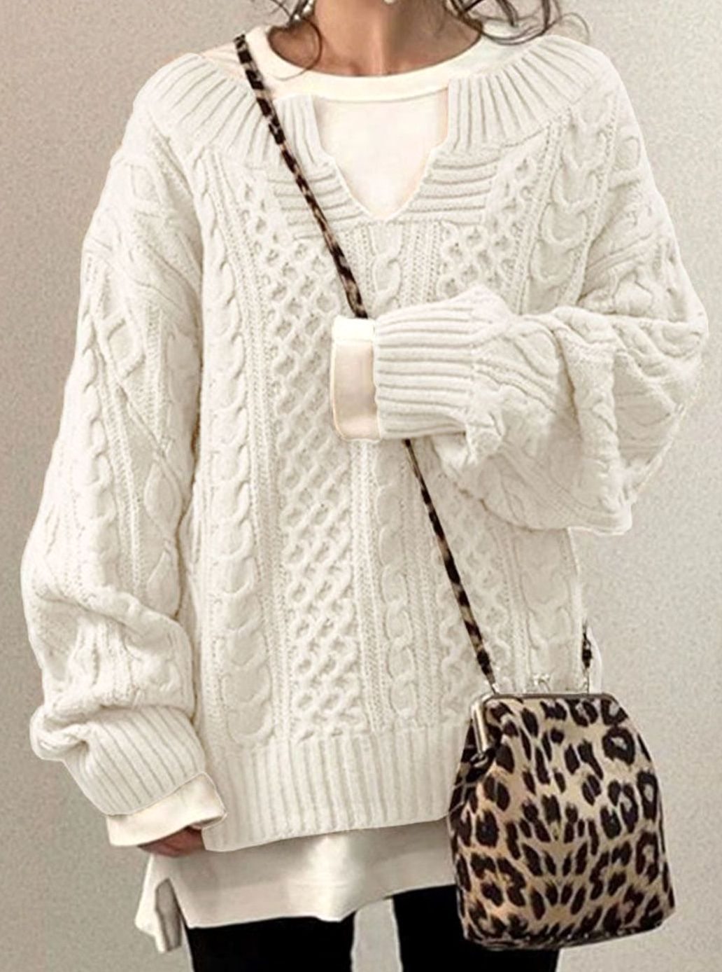 Women's Oversized Cable Knit V-Neck Sweater