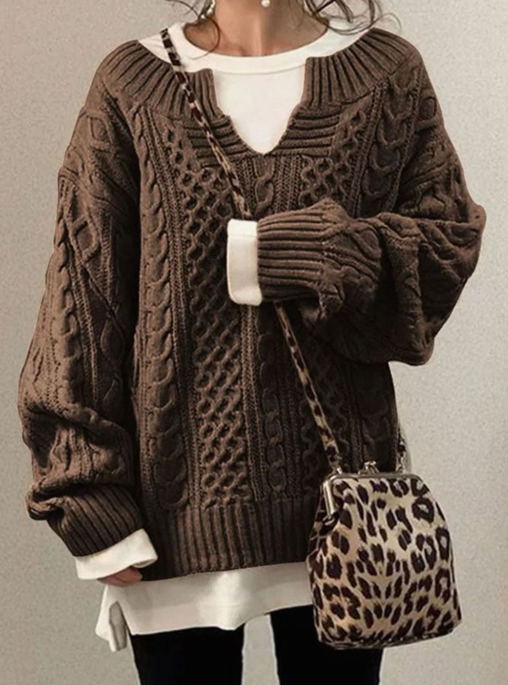 Women's Oversized Cable Knit V-Neck Sweater
