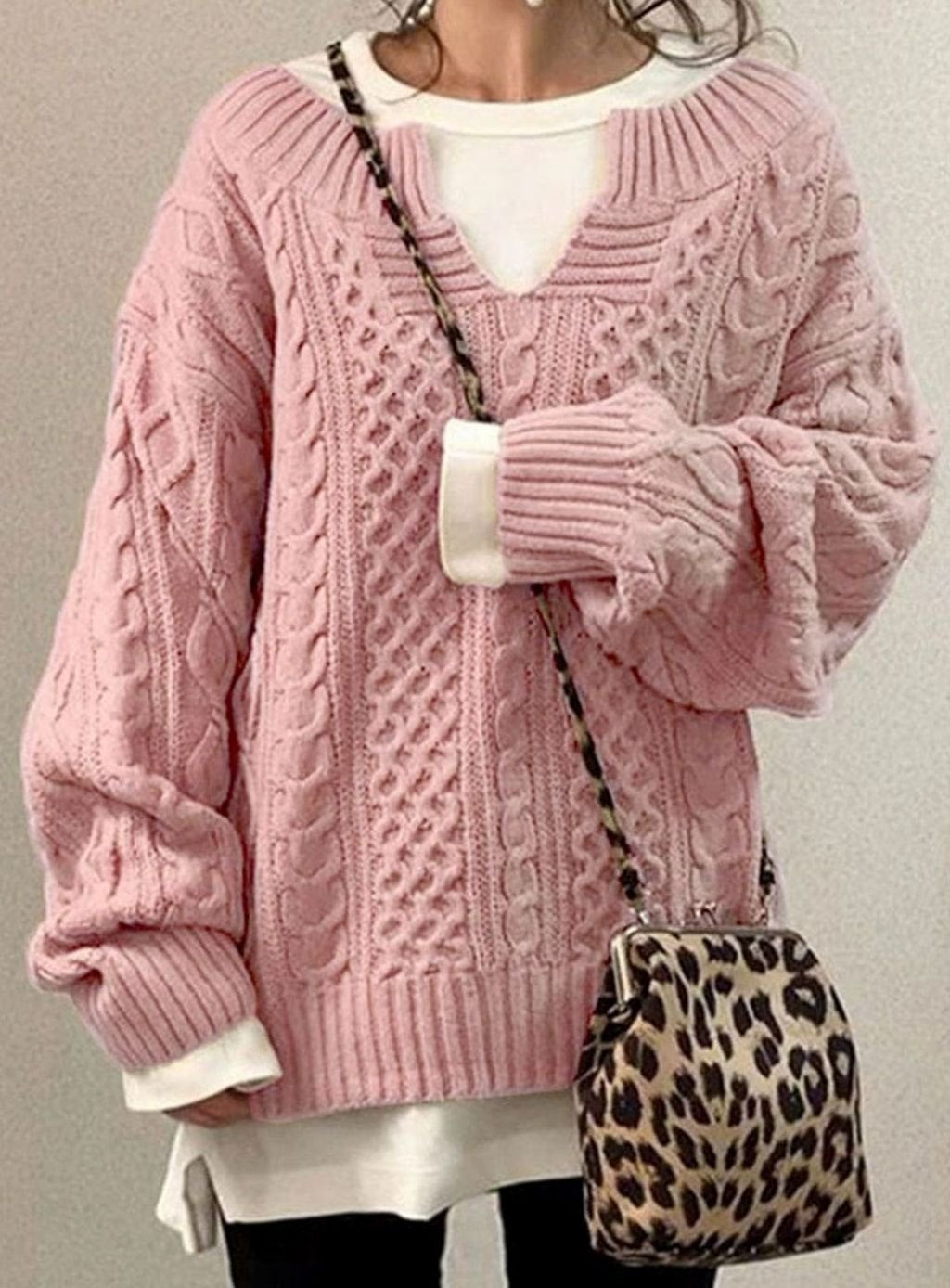 Women's Oversized Cable Knit V-Neck Sweater
