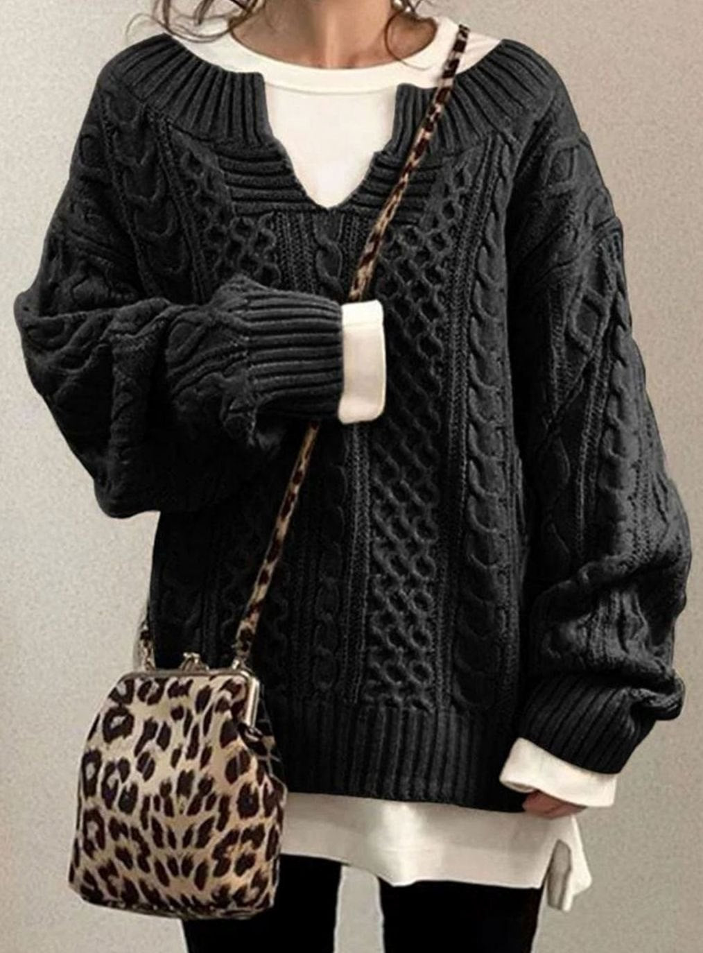 Women's Oversized Cable Knit V-Neck Sweater