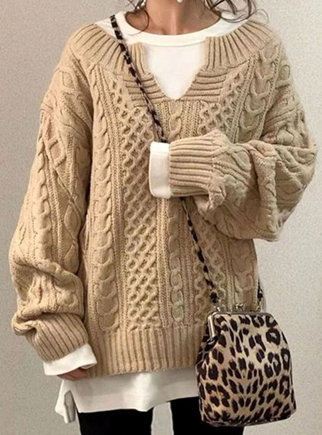 Women's Oversized Cable Knit V-Neck Sweater