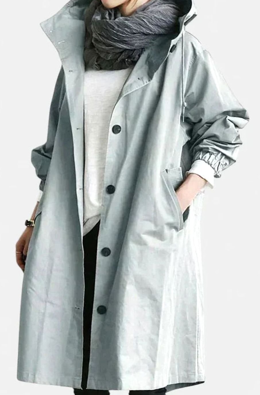 Women's Oversized Button-Up Trench Coat with Built-In Hood