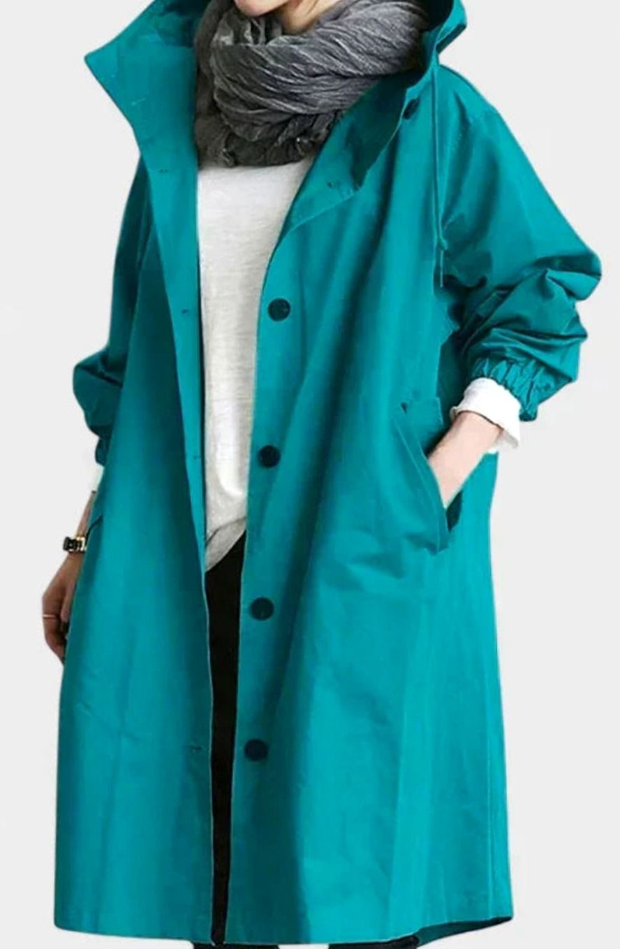 Women's Oversized Button-Up Trench Coat with Built-In Hood - Light Blue