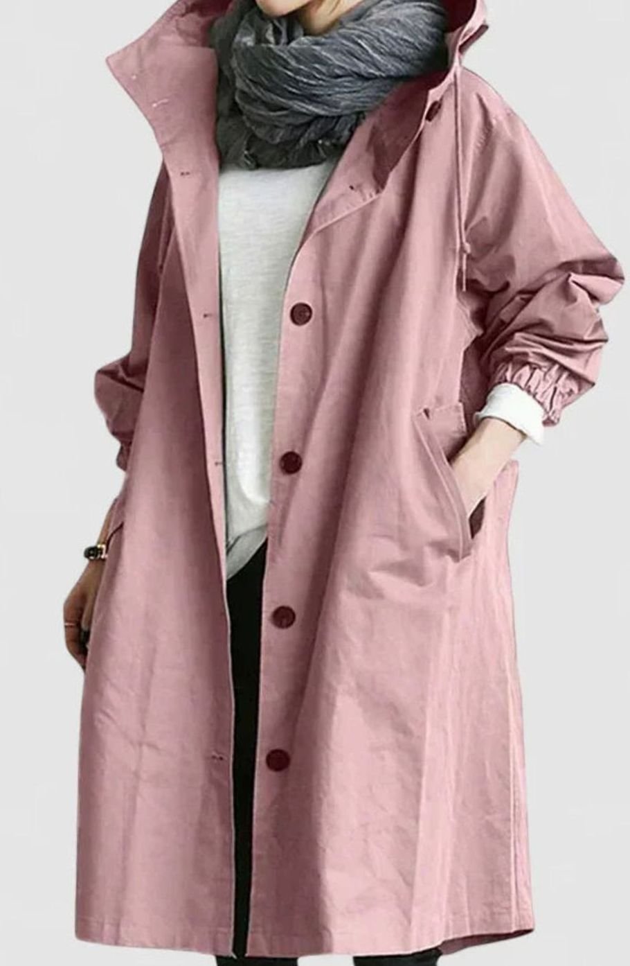 Women's Oversized Button-Up Trench Coat with Built-In Hood - Pink