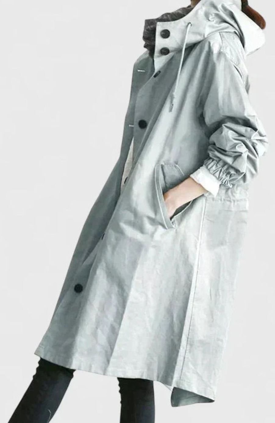 Women's Oversized Button-Up Trench Coat with Built-In Hood
