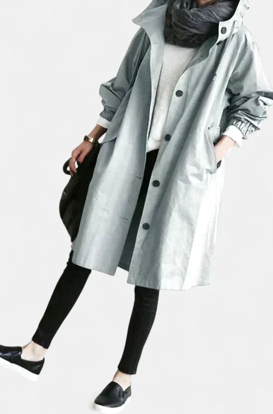Women's Oversized Button-Up Trench Coat with Built-In Hood - Gray