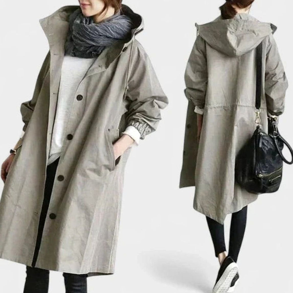 Women's Oversized Button-Up Trench Coat with Built-In Hood - Light Gray