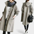 Women's Oversized Button-Up Trench Coat with Built-In Hood - Light Gray