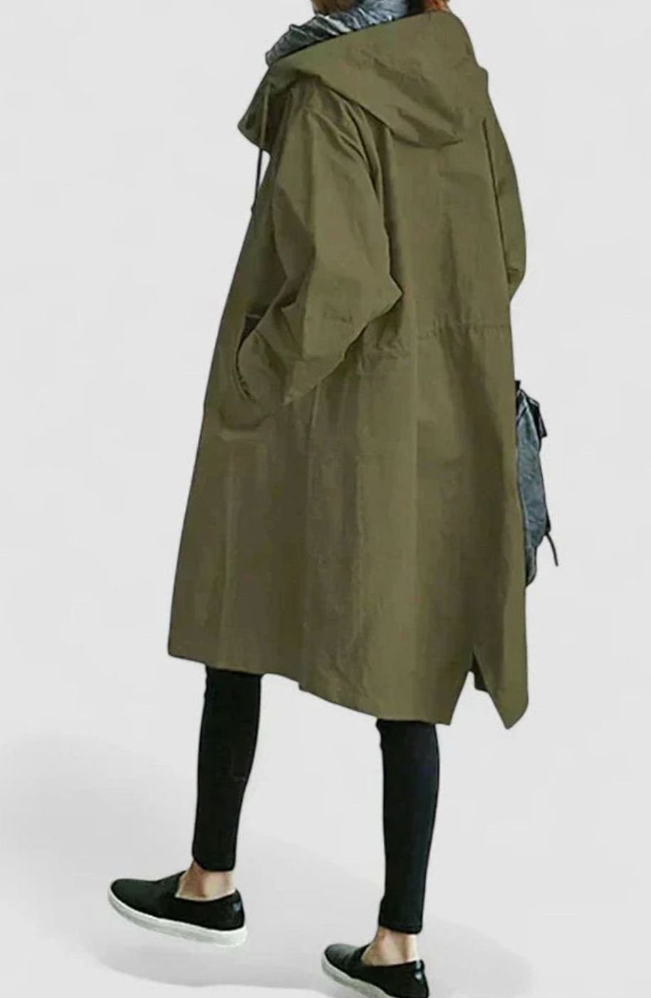Women's Oversized Button-Up Trench Coat with Built-In Hood - Army Green
