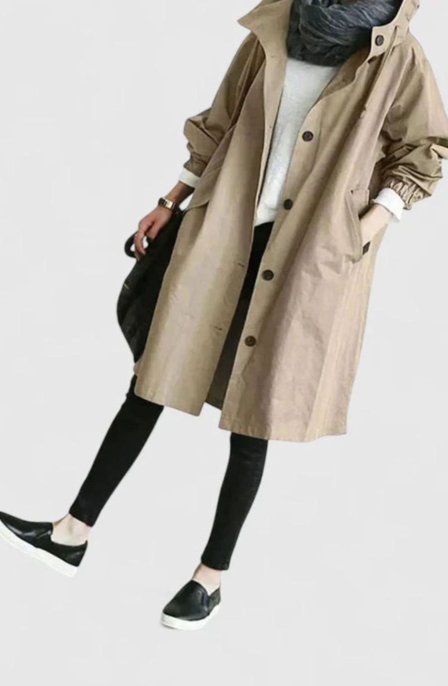 Women's Oversized Button-Up Trench Coat with Built-In Hood - Beige